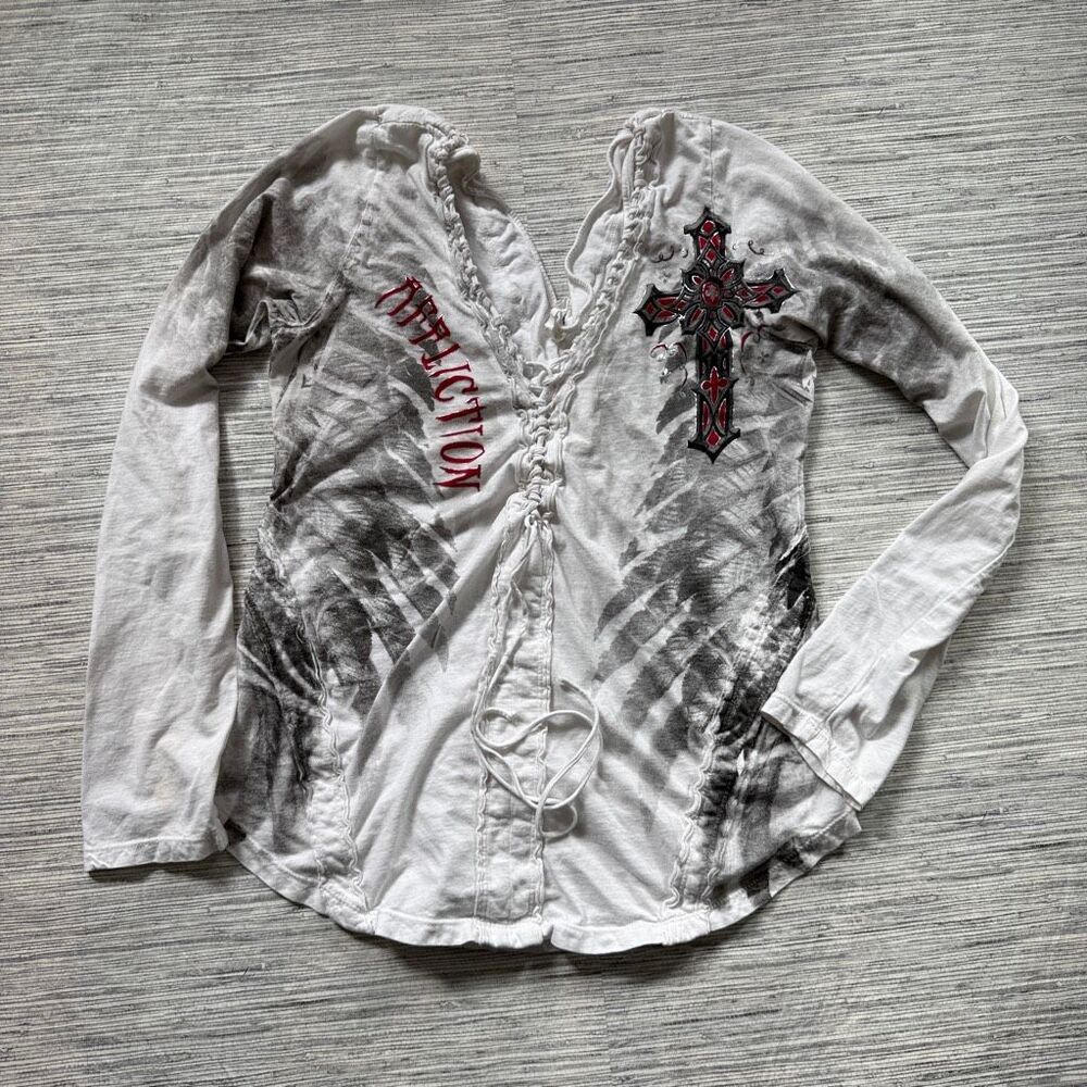 Vintage Y2K Affliction Lace-Up Grunge Top - White Tie-Dye Cross Long Sleeve Larg